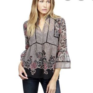 Lucky Brand Sheer Mixed Print Boho Peasant Top M